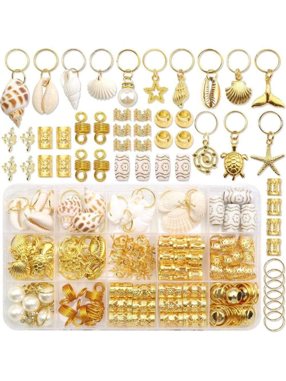 149Pcs Gold Shell Hair Jewelry Loc Cuffs & Rings for Boho Hairstyles
